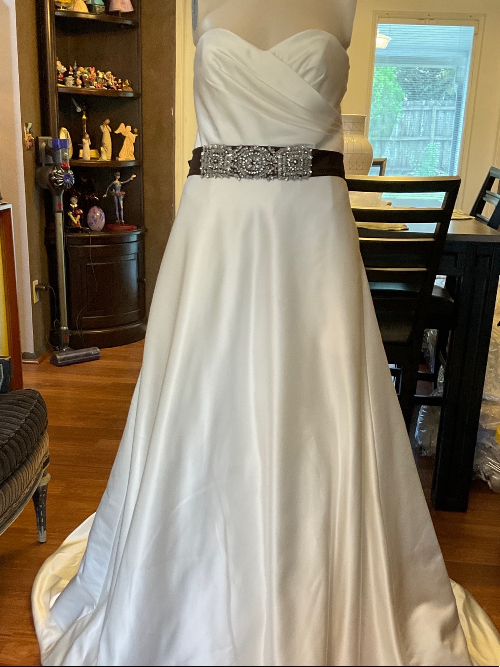 Alfred Angelo Strapless White Satin Gown with Jeweled Belt